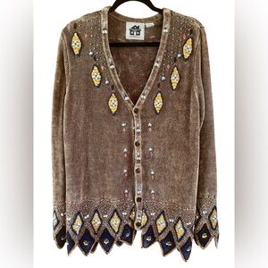 Storybook Knits Vintage Embellished Brown Cardigan with Colorful Sparkly Accents